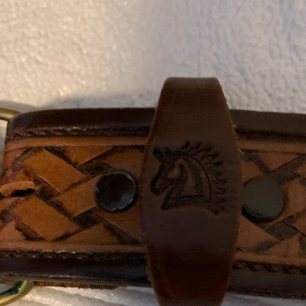 Woven Tan Leather Belt with Decorative Brass Buckle - Picture 2 of 9